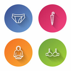 Set line Men underpants, Umbrella, Hoodie and Bra. Color circle button. Vector