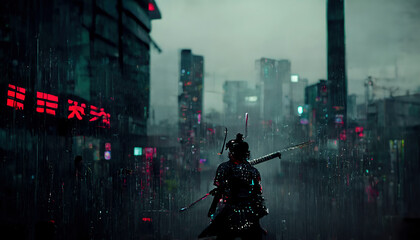 Fototapeta Samurai on the background of the night neon city, rain. Dark rainy streets, neon lights in the dark. Samurai silhouette, dark city streets, smoke, smog, blurred background. 3D illustration. obraz