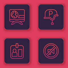 Set line Breaking news, Journalist id card, War journalist and Censored stamp. Blue square button. Vector