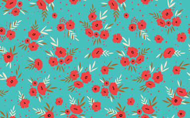 Seamless floral pattern based on traditional folk art ornaments. Colorful flowers on color background. Scandinavian style. Sweden nordic style. Vector illustration. Simple minimalistic pattern