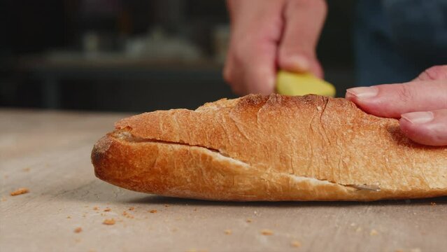 Bread baguette on the table. Close-up.