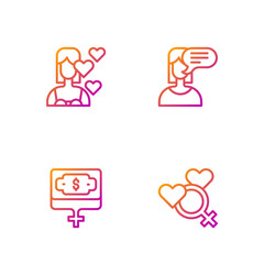 Set line Female gender, Money growth woman, Love yourself and opinion. Gradient color icons. Vector