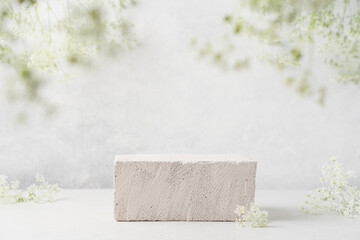 Minimal concrete background for branding and packaging presentation. Textured stone on a beige...