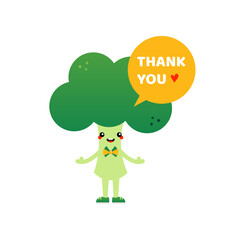 Cute kawaii broccoli character with speech bubble saying thank you, showing appreciation.