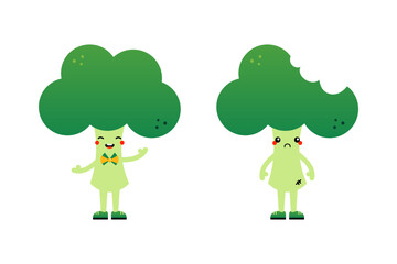 Couple of cartoon style broccoli characters, cute and smiling and sad with bite mark.