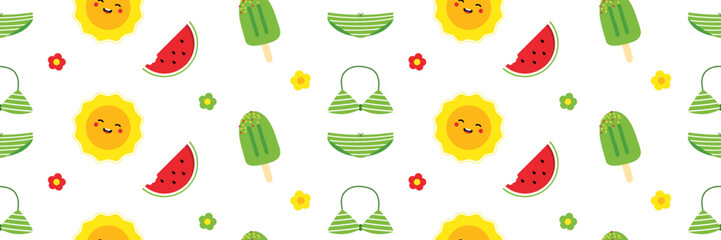 Wide horizontal vector seamless pattern background with cute cartoon style sun character, watermelon, ice cream, flowers and swimsuits for summer vacation design.
