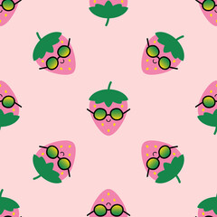 Cute pink strawberry character wearing sunglasses vector seamless pattern background summer vacation, relax design.