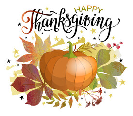 Happy Thanksgiving festive banner with pumpkin, autumn leaves and lettering inscription.