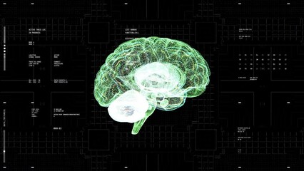 Brain MRI scanner tomography particle with user interface HUD display background. Technology and medical science concept. - Powered by Adobe