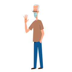 A fashionable man in a medical mask greets. Friendly greeting of an elderly person. Vector illustration in a flat style, isolated on a white background.