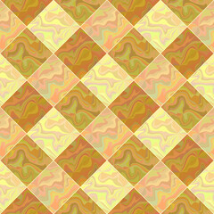 Abstract checkered seamless pattern. Square, diamond tiles of orange, pink, yellow, green, filled with chaotic liquid texture