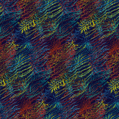 Abstract psychedelis seamless pattern. Seaweed, algae, water plant, ubderwater texture. Red, yellow, blue colors
