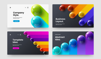 Simple booklet vector design illustration bundle. Multicolored realistic spheres landing page template collection.