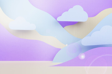 Fototapeta premium Fantasy cartoon landscape - abstract scene mockup with paper clouds, mountains in blue, violet, white color, sun beam glare. Template for advertising, design, card, presentation of cosmetic, poster.