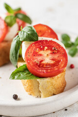 Italian bruschetta with tomatoes, mozzarella and basil on white plate close up