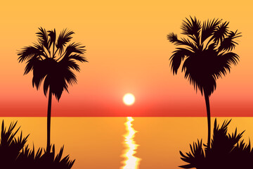 Silhouette of two palm trees on sunset or sunrise seaside scenery