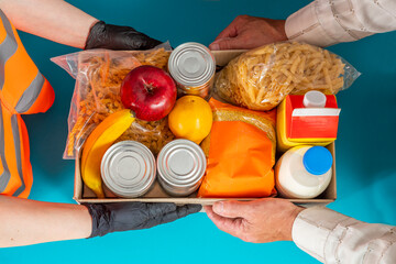 Help Collection Center, Free Food Distribution. Volunteering, food donation box grocery set for...