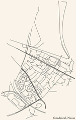Detailed navigation black lines urban street roads map of the GNADENTAL DISTRICT of the German regional capital city of Neuss, Germany on vintage beige background