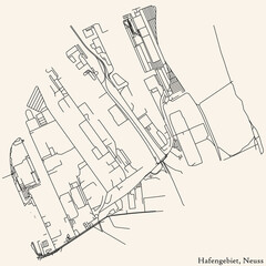 Detailed navigation black lines urban street roads map of the HAFENGEBIET DISTRICT of the German regional capital city of Neuss, Germany on vintage beige background