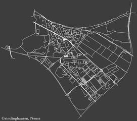 Detailed negative navigation white lines urban street roads map of the GRIMLINGHAUSEN DISTRICT of the German regional capital city of Neuss, Germany on dark gray background