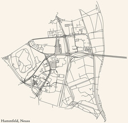 Detailed navigation black lines urban street roads map of the HAMMFELD DISTRICT of the German regional capital city of Neuss, Germany on vintage beige background