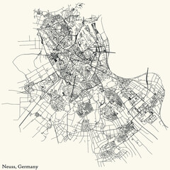 Detailed navigation black lines urban street roads map of the German regional capital city of NEUSS, GERMANY on vintage beige background