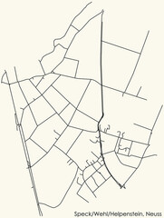 Detailed navigation black lines urban street roads map of the SPECK-WEHL-HELPENSTEIN DISTRICT of the German regional capital city of Neuss, Germany on vintage beige background