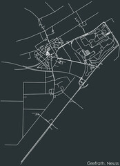 Detailed negative navigation white lines urban street roads map of the GREFRATH DISTRICT of the German regional capital city of Neuss, Germany on dark gray background