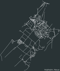 Detailed negative navigation white lines urban street roads map of the HOLZHEIM DISTRICT of the German regional capital city of Neuss, Germany on dark gray background