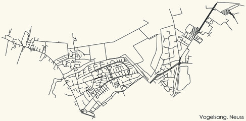 Detailed navigation black lines urban street roads map of the VOGELSANG DISTRICT of the German regional capital city of Neuss, Germany on vintage beige background