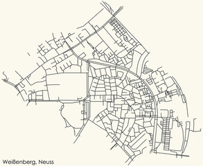 Detailed navigation black lines urban street roads map of the WEISSENBERG DISTRICT of the German regional capital city of Neuss, Germany on vintage beige background