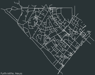 Detailed negative navigation white lines urban street roads map of the FURTH-MITTE DISTRICT of the German regional capital city of Neuss, Germany on dark gray background