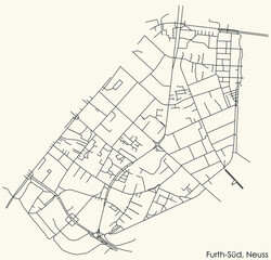 Detailed navigation black lines urban street roads map of the FURTH-SÜD DISTRICT of the German regional capital city of Neuss, Germany on vintage beige background