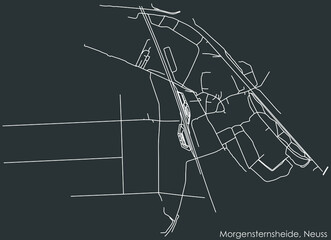 Detailed negative navigation white lines urban street roads map of the MORGENSTERNSHEIDE DISTRICT of the German regional capital city of Neuss, Germany on dark gray background