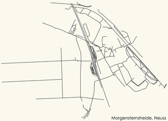 Detailed navigation black lines urban street roads map of the MORGENSTERNSHEIDE DISTRICT of the German regional capital city of Neuss, Germany on vintage beige background