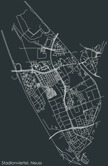 Detailed negative navigation white lines urban street roads map of the STADIONVIERTEL DISTRICT of the German regional capital city of Neuss, Germany on dark gray background