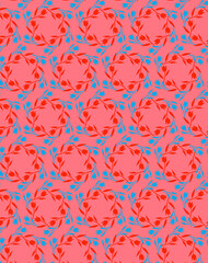 Simple seamless floral pattern with blue and red tulips on a pink background