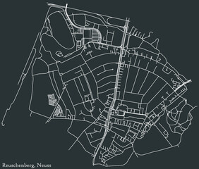 Detailed negative navigation white lines urban street roads map of the REUSCHENBERG DISTRICT of the German regional capital city of Neuss, Germany on dark gray background