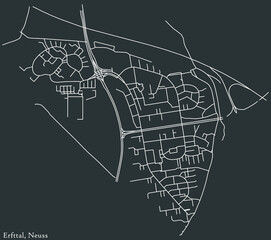 Detailed negative navigation white lines urban street roads map of the ERFTTAL DISTRICT of the German regional capital city of Neuss, Germany on dark gray background