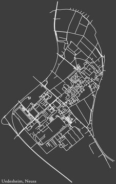 Detailed negative navigation white lines urban street roads map of the UEDESHEIM DISTRICT of the German regional capital city of Neuss, Germany on dark gray background