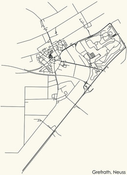 Detailed navigation black lines urban street roads map of the GREFRATH DISTRICT of the German regional capital city of Neuss, Germany on vintage beige background
