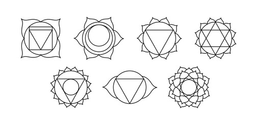 Set of outline Chakra meaning seven meditation wheel used in variety of ancient spiritual practices. Seven chakras line art symbols signs, mystical esoteric, yoga and meditation. Buddhism, Hinduism. - obrazy, fototapety, plakaty