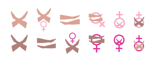 Break the Bias icons, female gender signs symbols, breakthebias. Women's Equality Day icons set. August 26. Holiday concept, equal rights. Collection vector illustrations for woman rights, girl power.