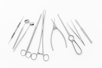 Medical steel equipment tools. Dental or surgical instruments