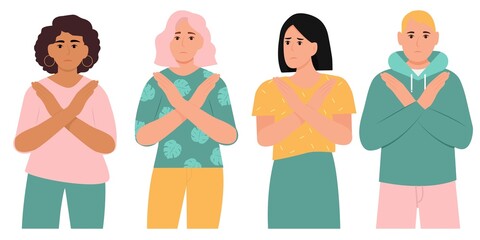 Diverse women stand with crossed arms to stop gender discrimination and fight stereotypes. Break the bias. International woman day.