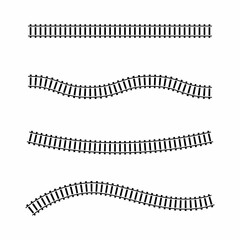 Vector illustration of curved railroad isolated on white background. Straight and curved railway train track icon set. Top view railroad train pathes. 
