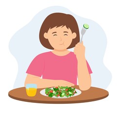 Cute little kid eating  salad using fork.  Girl eating vegetables. Children and healthy food. Vector illustration in flat  style.