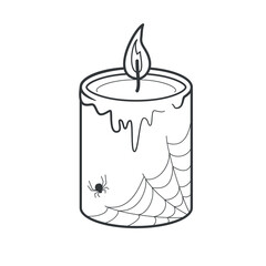 A scary magic candle with a spider and cobwebs. Coloring book element. Vector illustration for Halloween