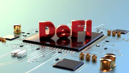 DeFi text on circuit board closeup 3d render illustration. Conceptual digital Decentralized finance illustration.