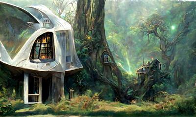 An artistic house in the middle of the forest. Trees in background. Scary atmosphere. Natural colors, illustration painting.